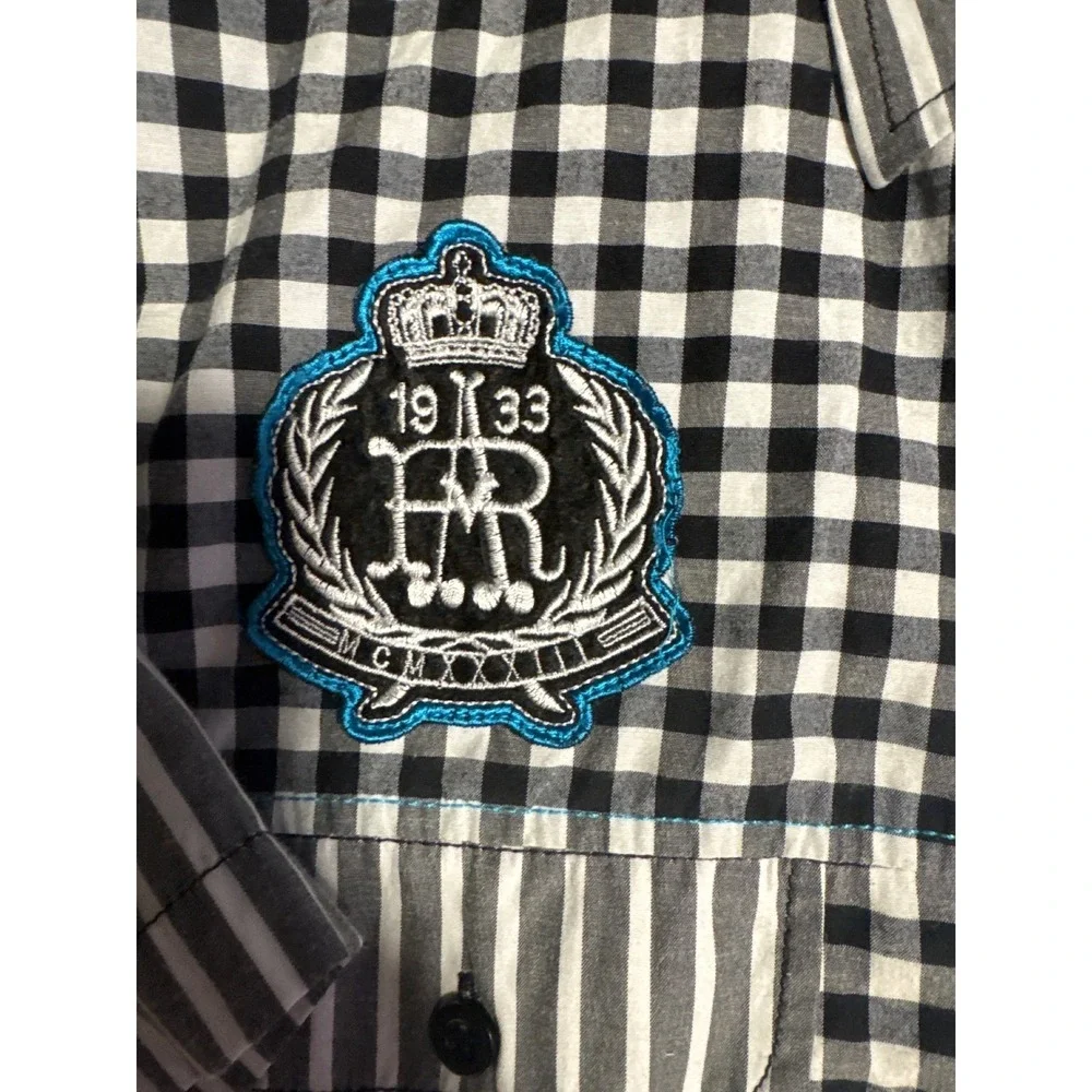 Red Ape 4X Mens Checkered Striped Button Up Short‎ Sleeve Shirt Patches